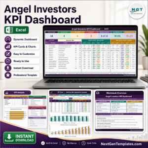 Angel Investors KPI Dashboard in Excel product image showing the scorecard, KPI Trend and KPI Analysis pages