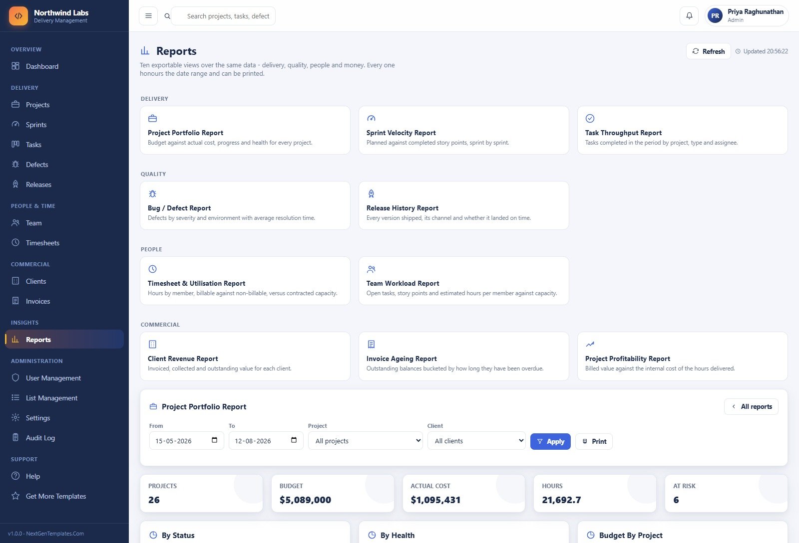 Reports page listing ten exportable delivery, quality, people and commercial reports