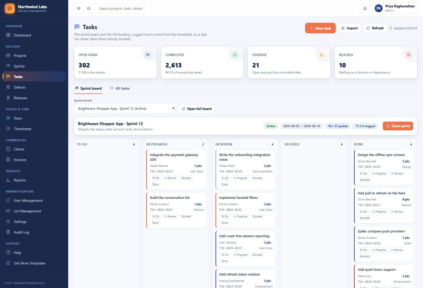 Sprint board with To Do, In Progress, In Review, Blocked and Done columns