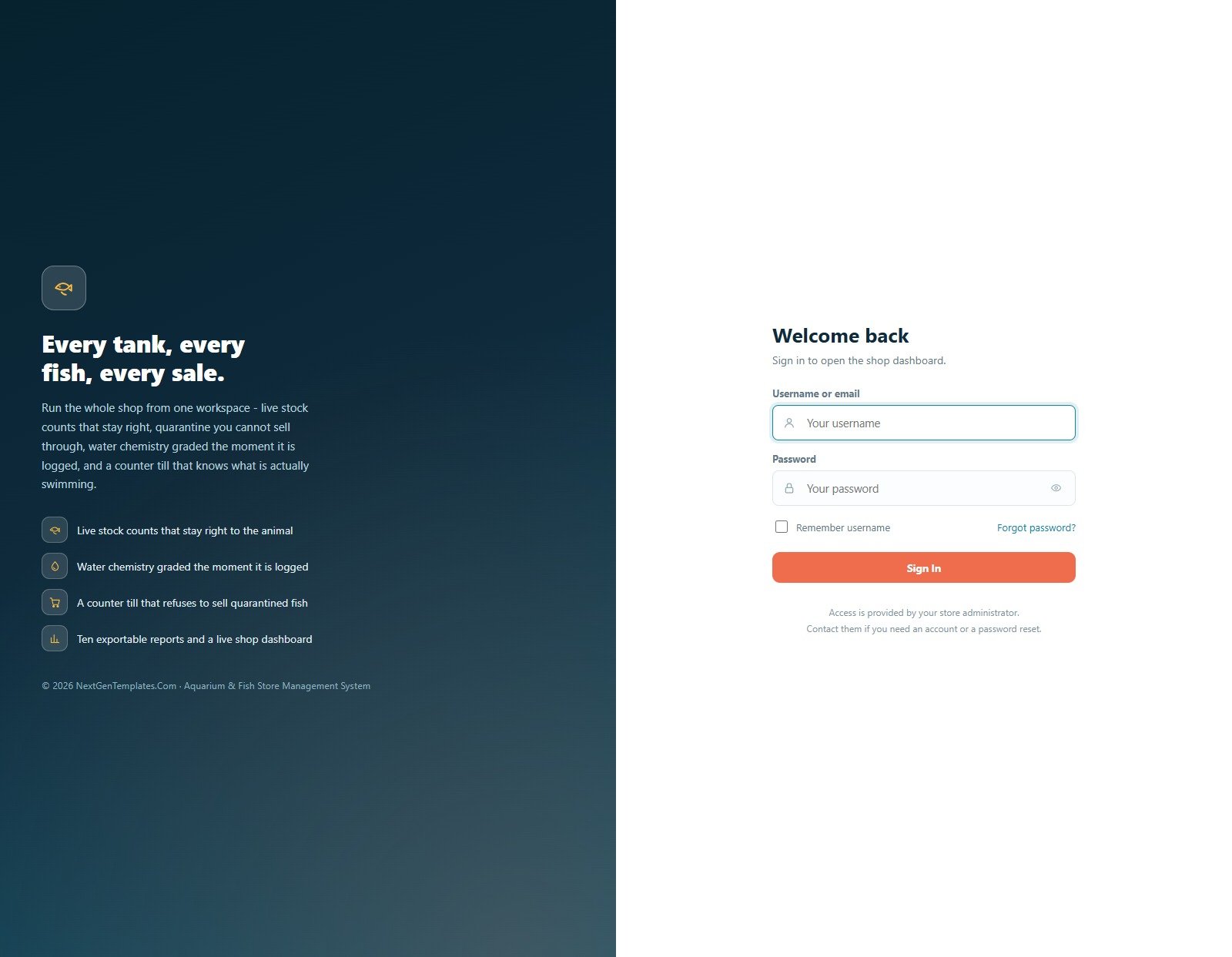 Aquarium and Fish Store Management System Web App login page