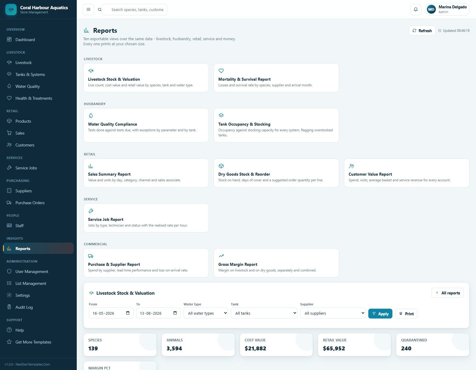 Aquarium and Fish Store Management System reports screen