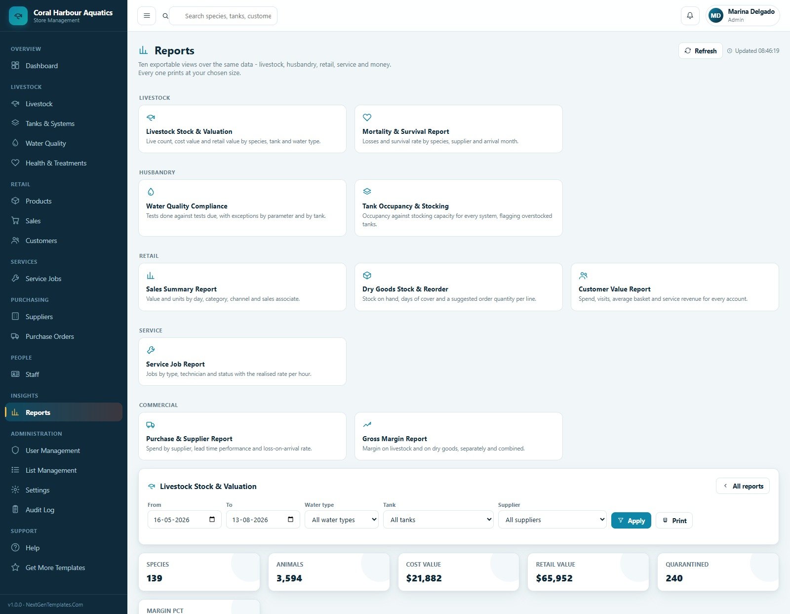 Report library with aquarium store filters