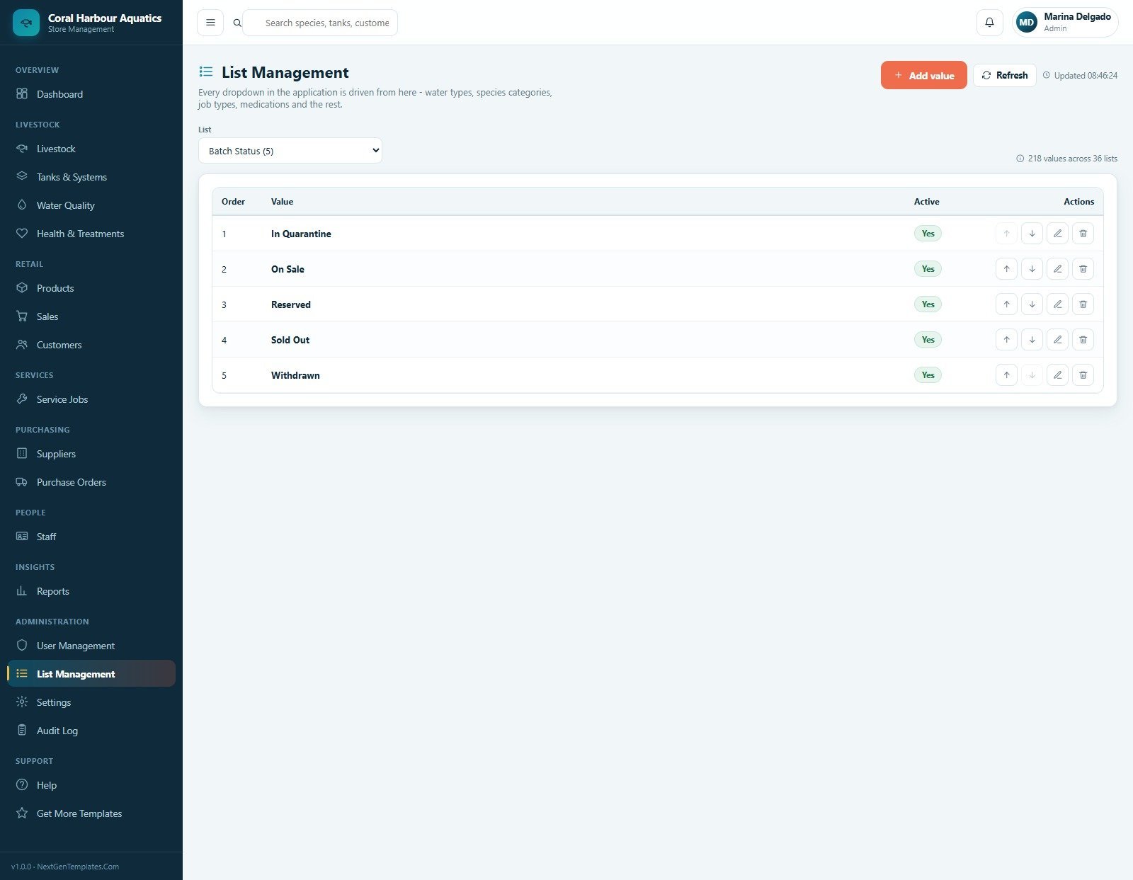 Aquarium and Fish Store Management System list management screen