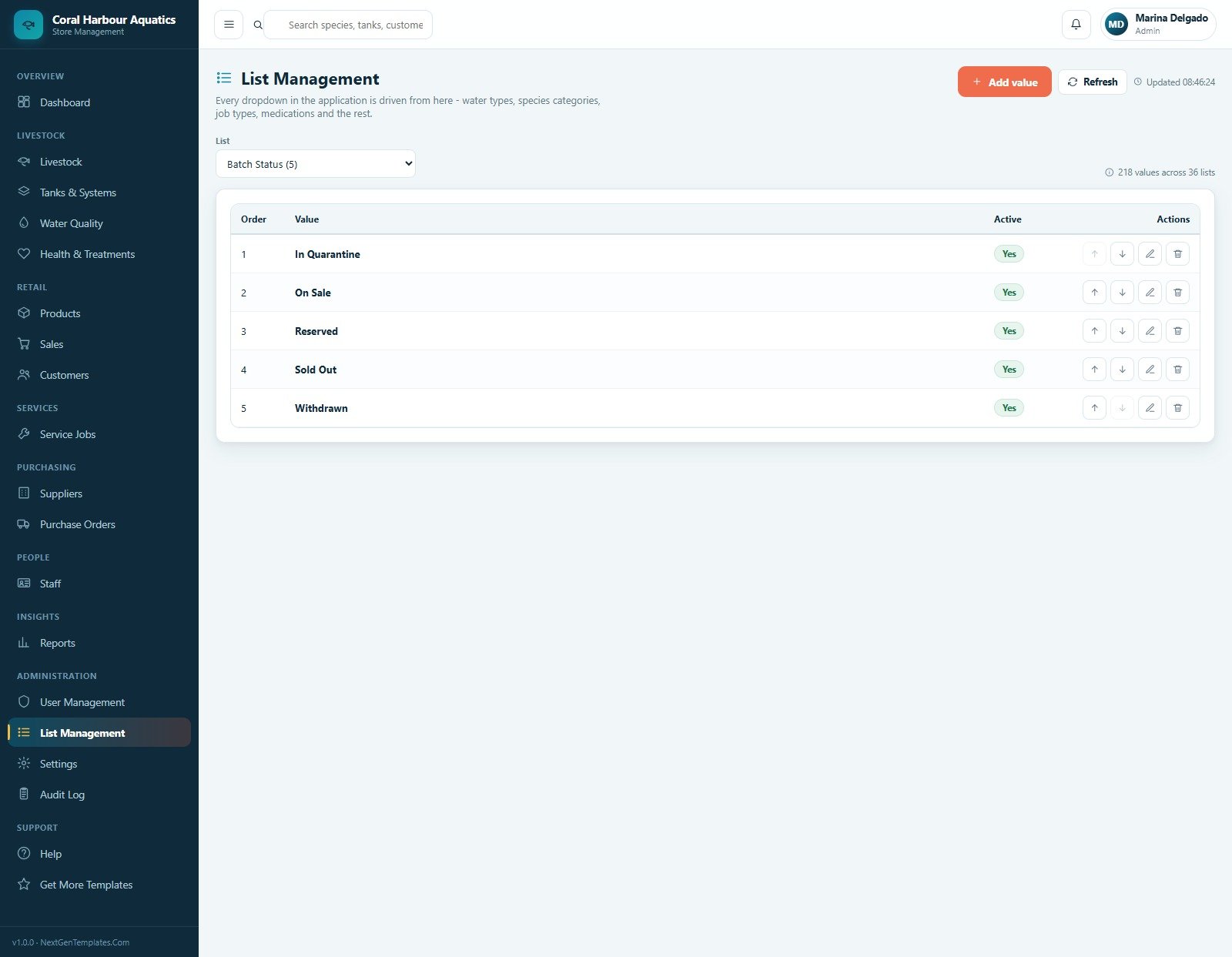List management for dropdown values