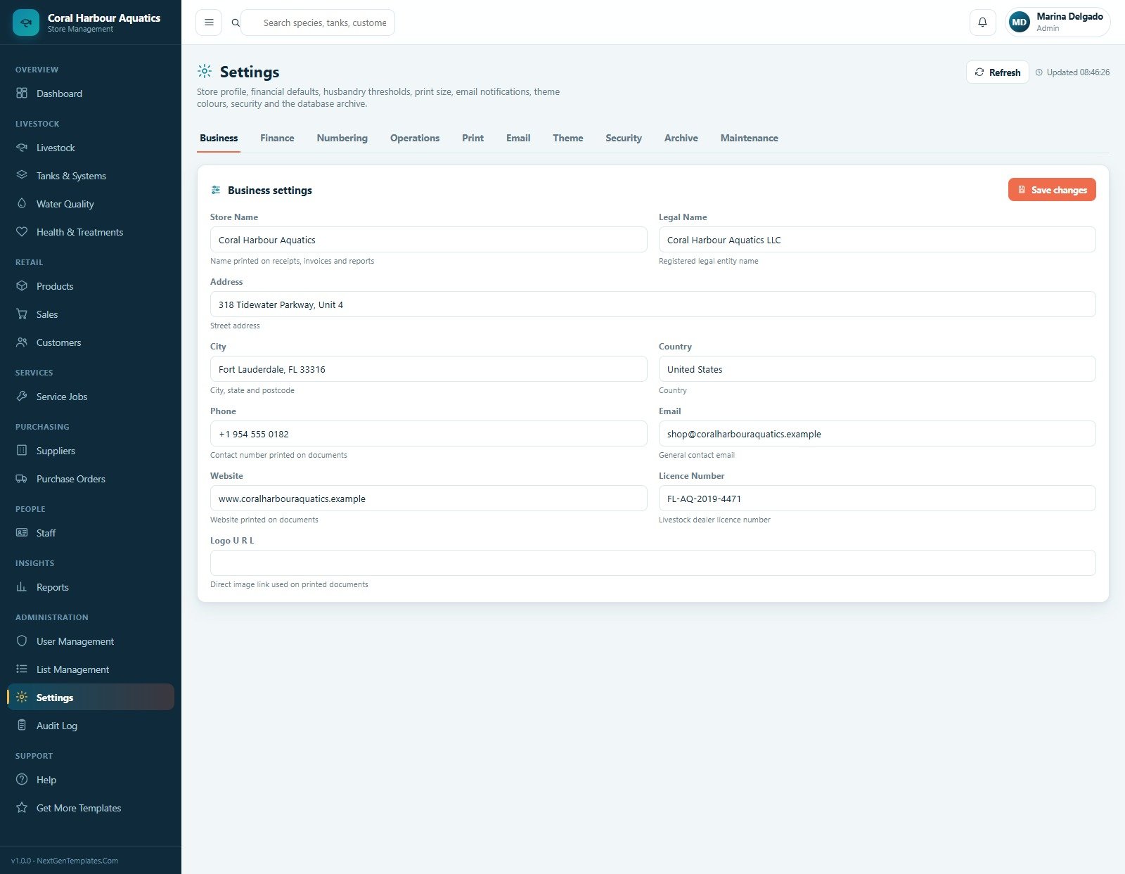 Settings page for aquarium store profile