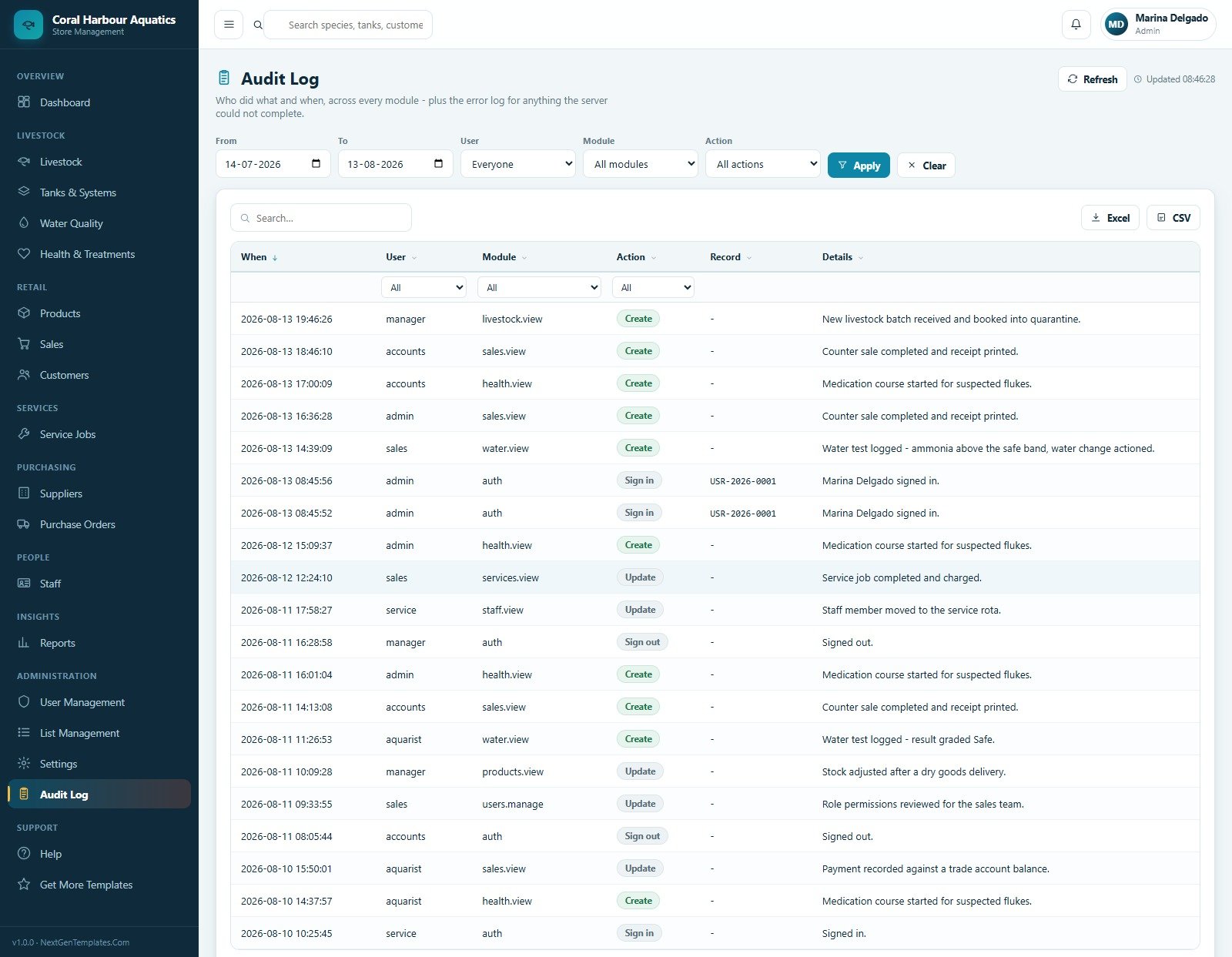 Audit log and activity trail
