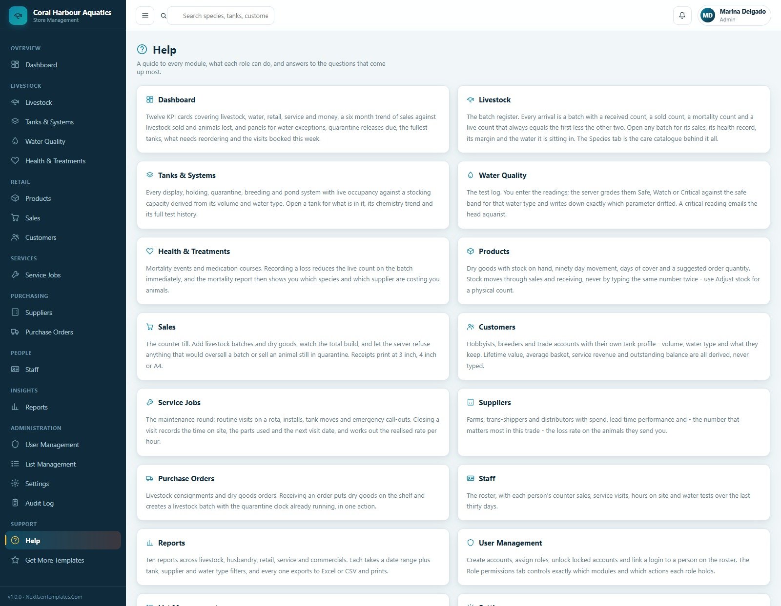 Help page with module guide cards