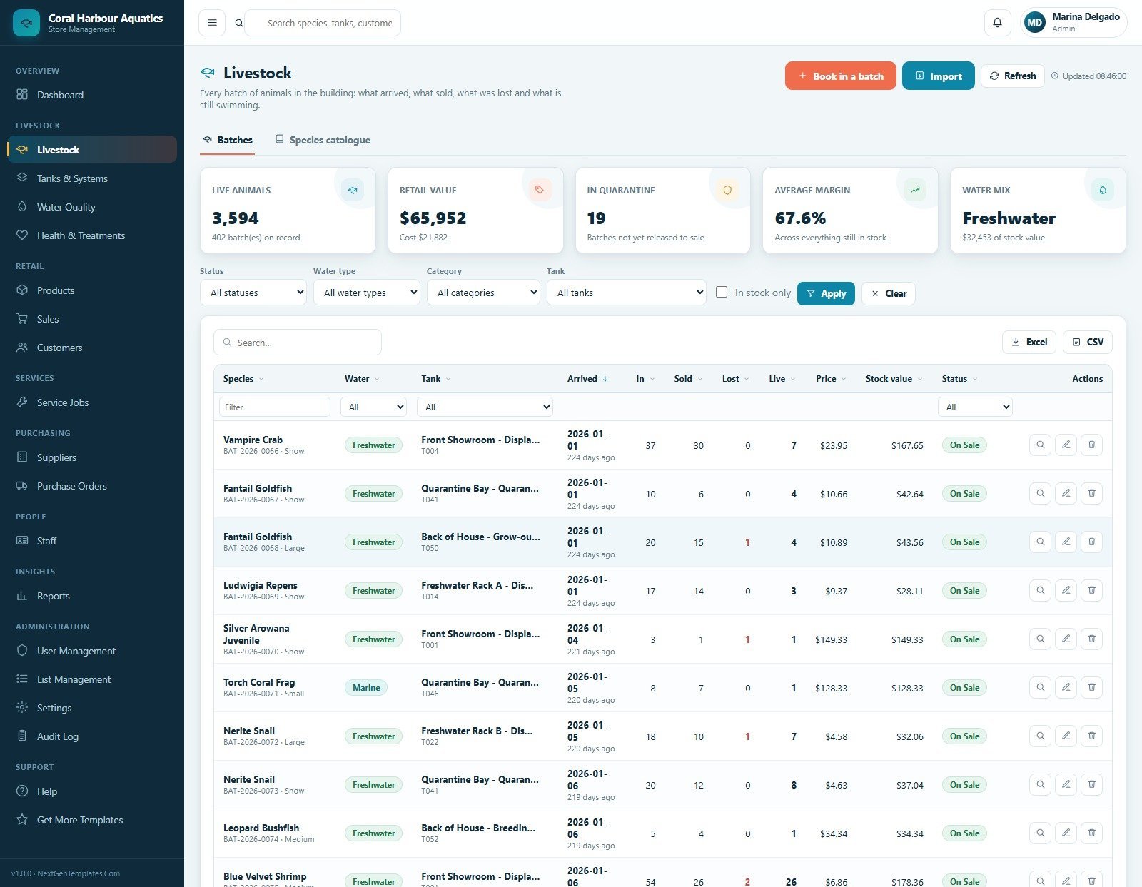 Aquarium and Fish Store Management System livestock register