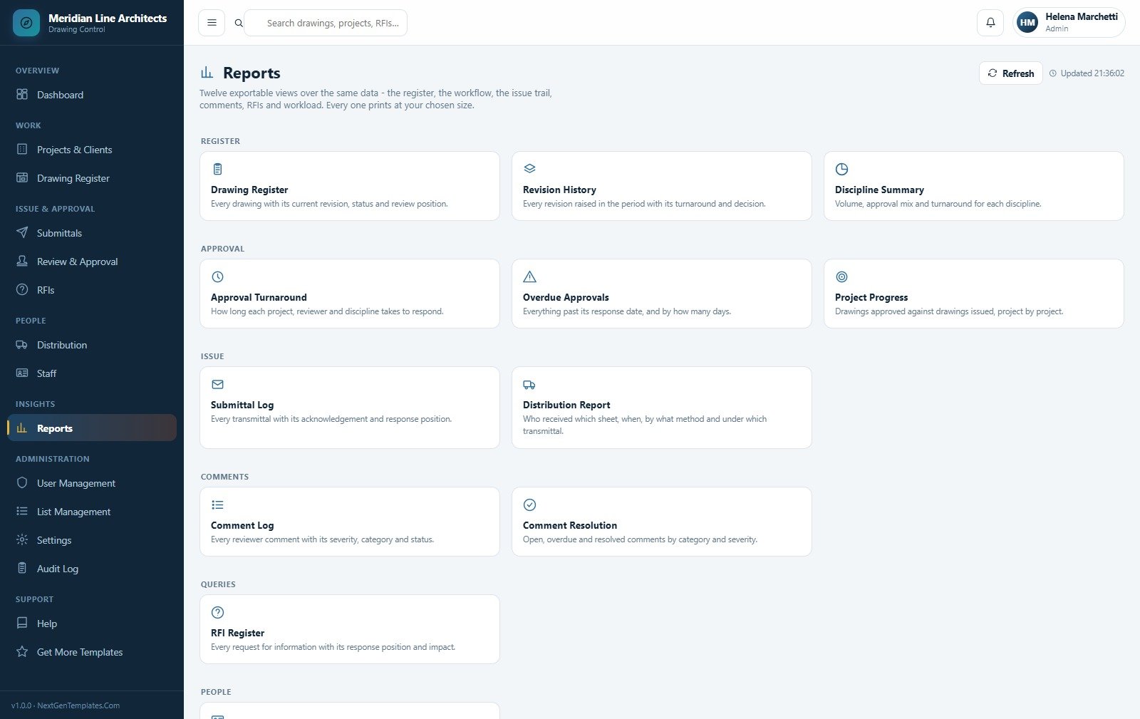 Reports page showing the twelve exportable reports