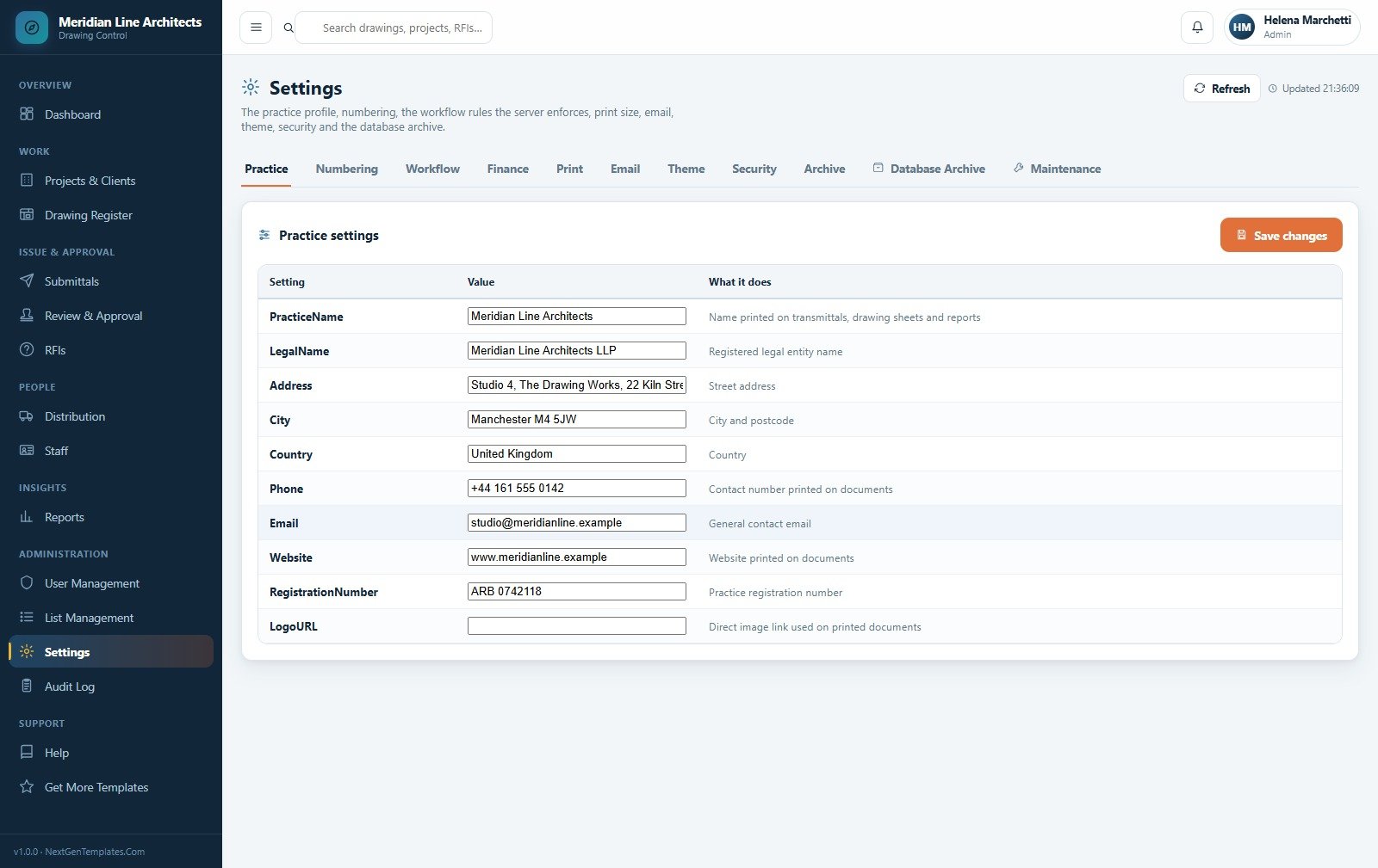 Settings page with practice profile, numbering, workflow and print options