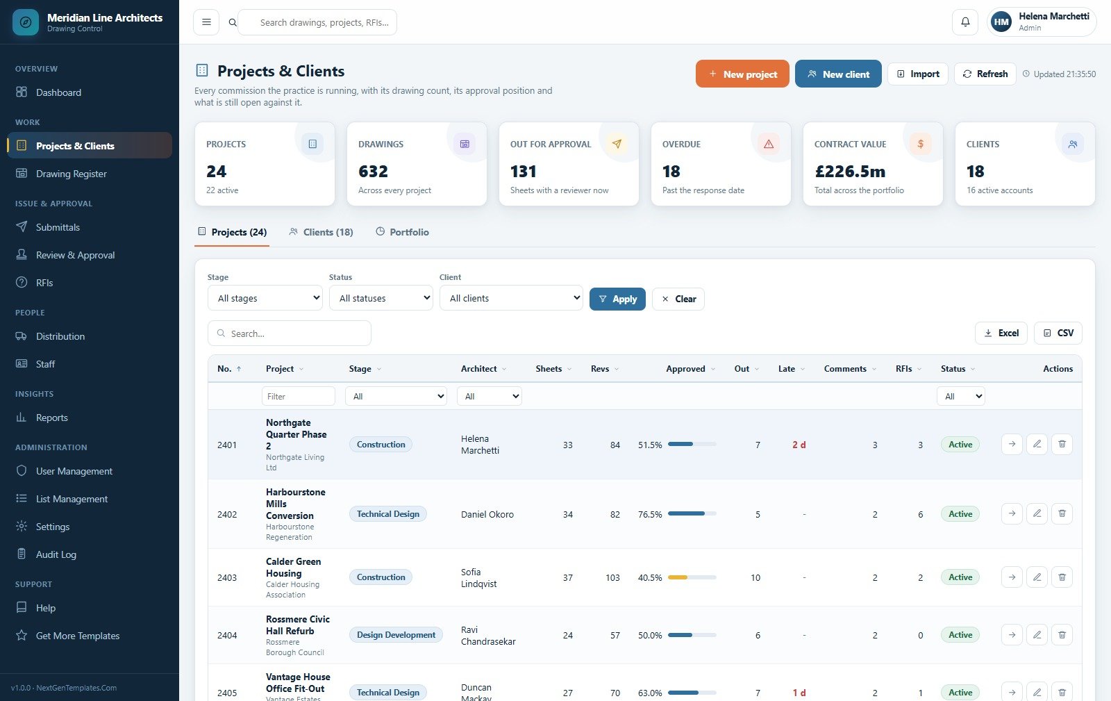Projects and Clients page listing 24 projects with approval progress