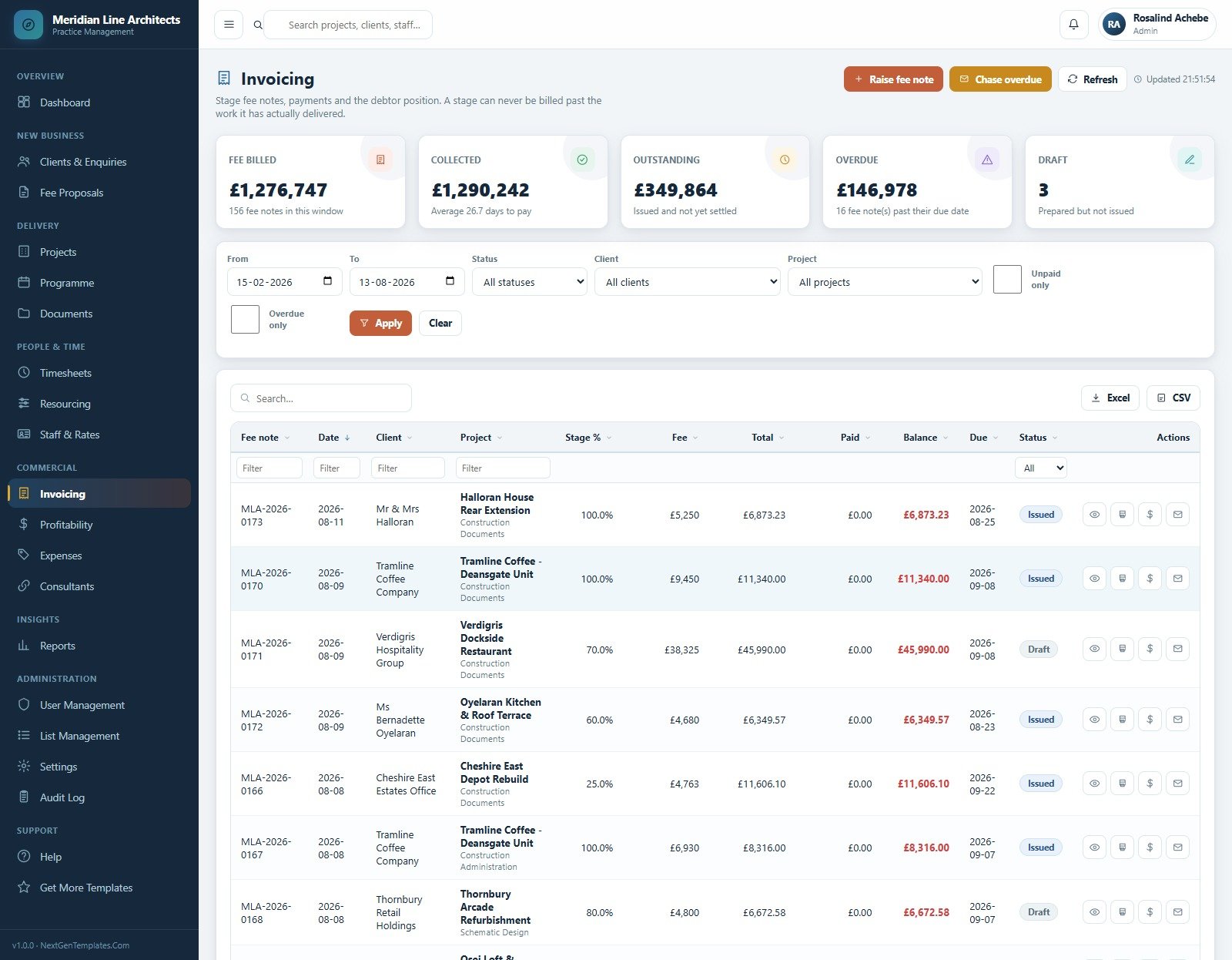 Invoicing screen with stage fee notes, payments and the debtor position