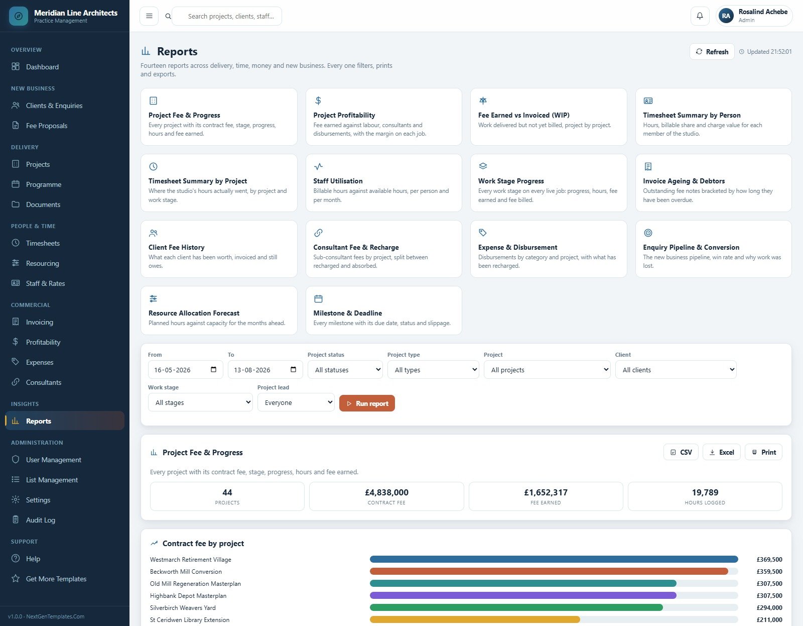Reports screen listing fourteen exportable practice reports