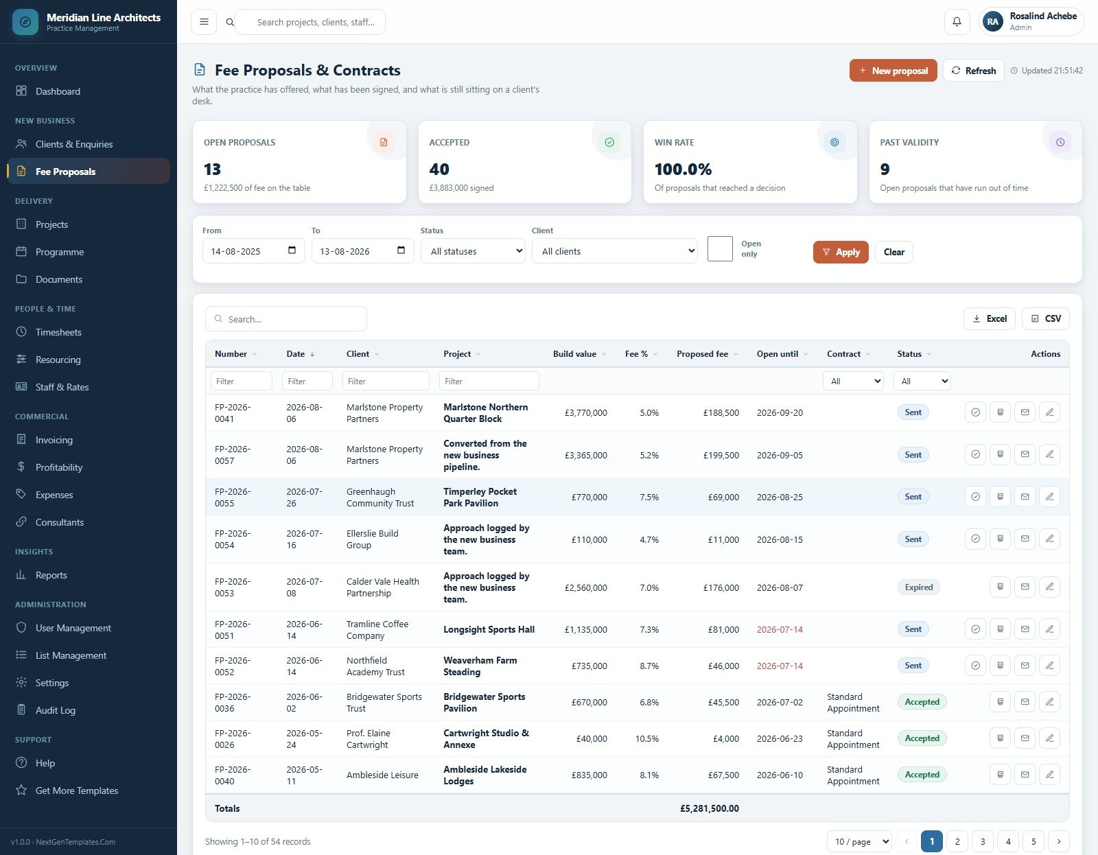 Fee Proposals and Contracts screen with build value, fee percent and status