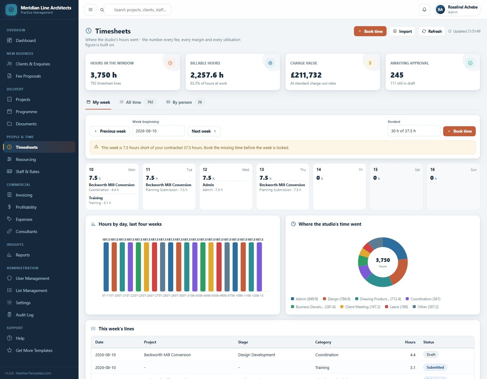 Timesheets screen with weekly booking grid and billable split