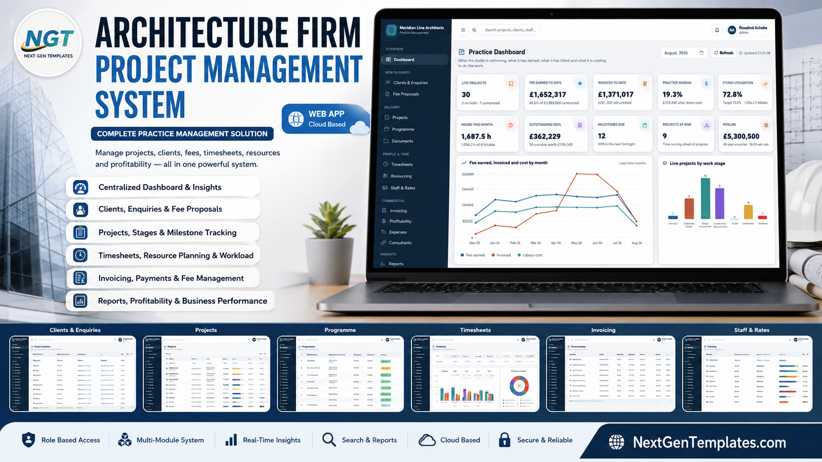 Architecture Firm Project Management System Web App - practice management dashboard and module screens
