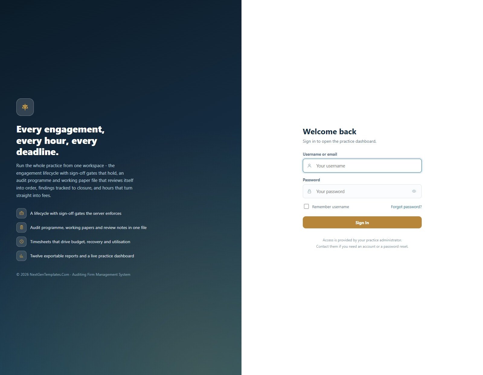 Auditing Firm Management System sign-in screen with role-based access