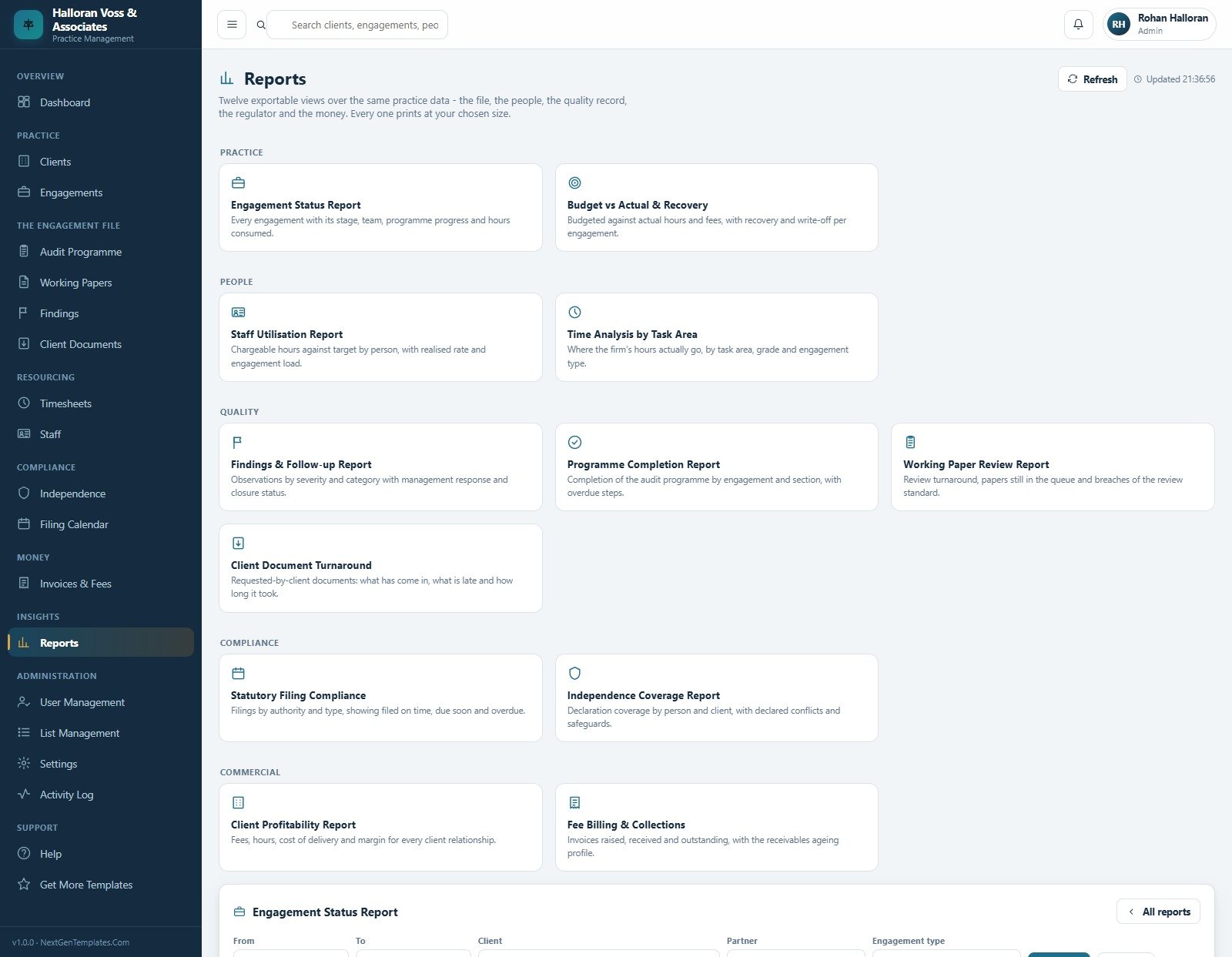 Reports page listing twelve exportable practice reports in five groups