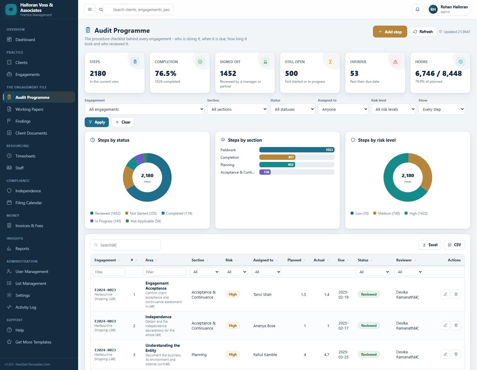 Audit Programme with steps by status, section and risk level