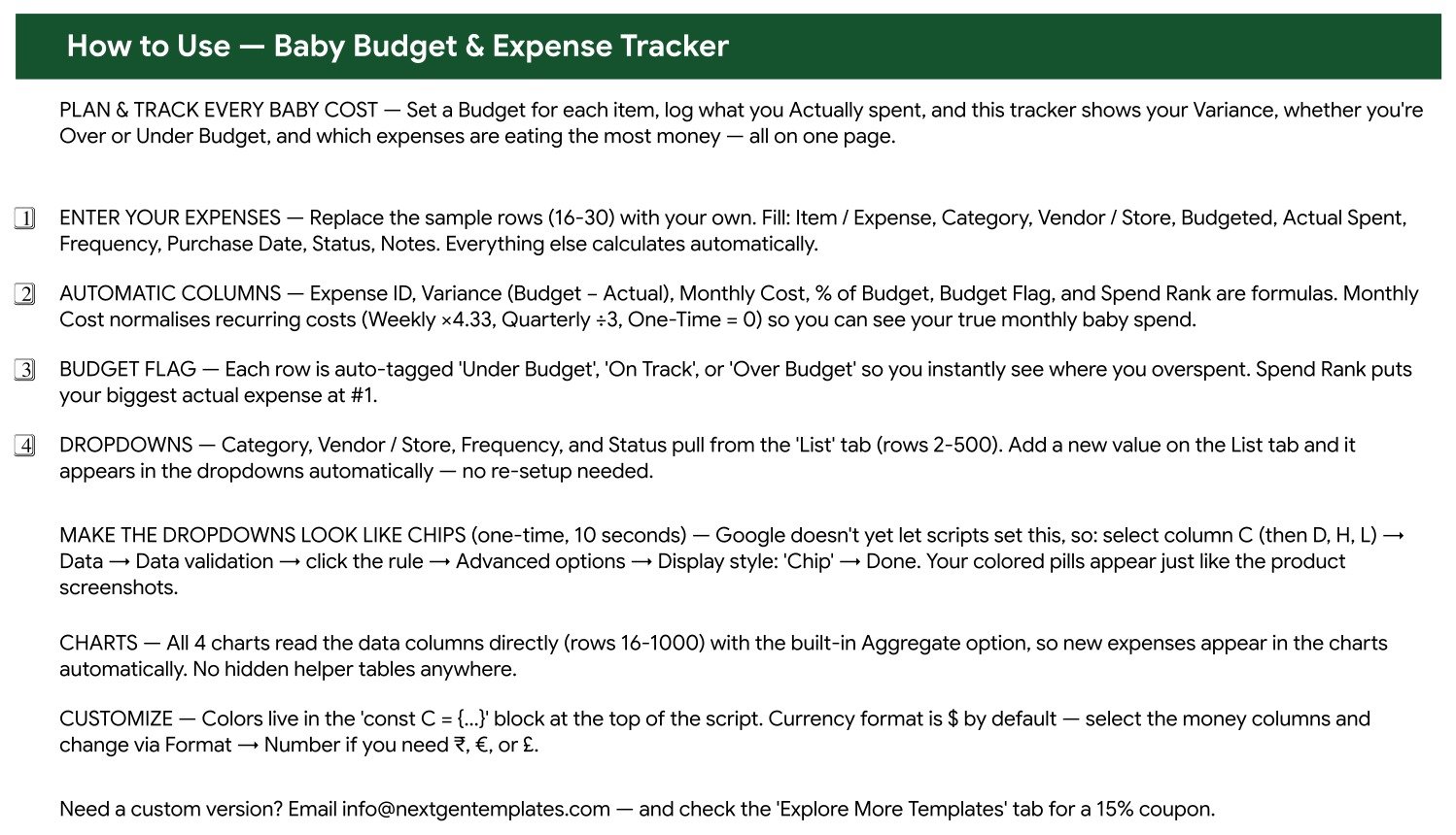Baby budget tracker Google Sheets How to Use instructions sheet