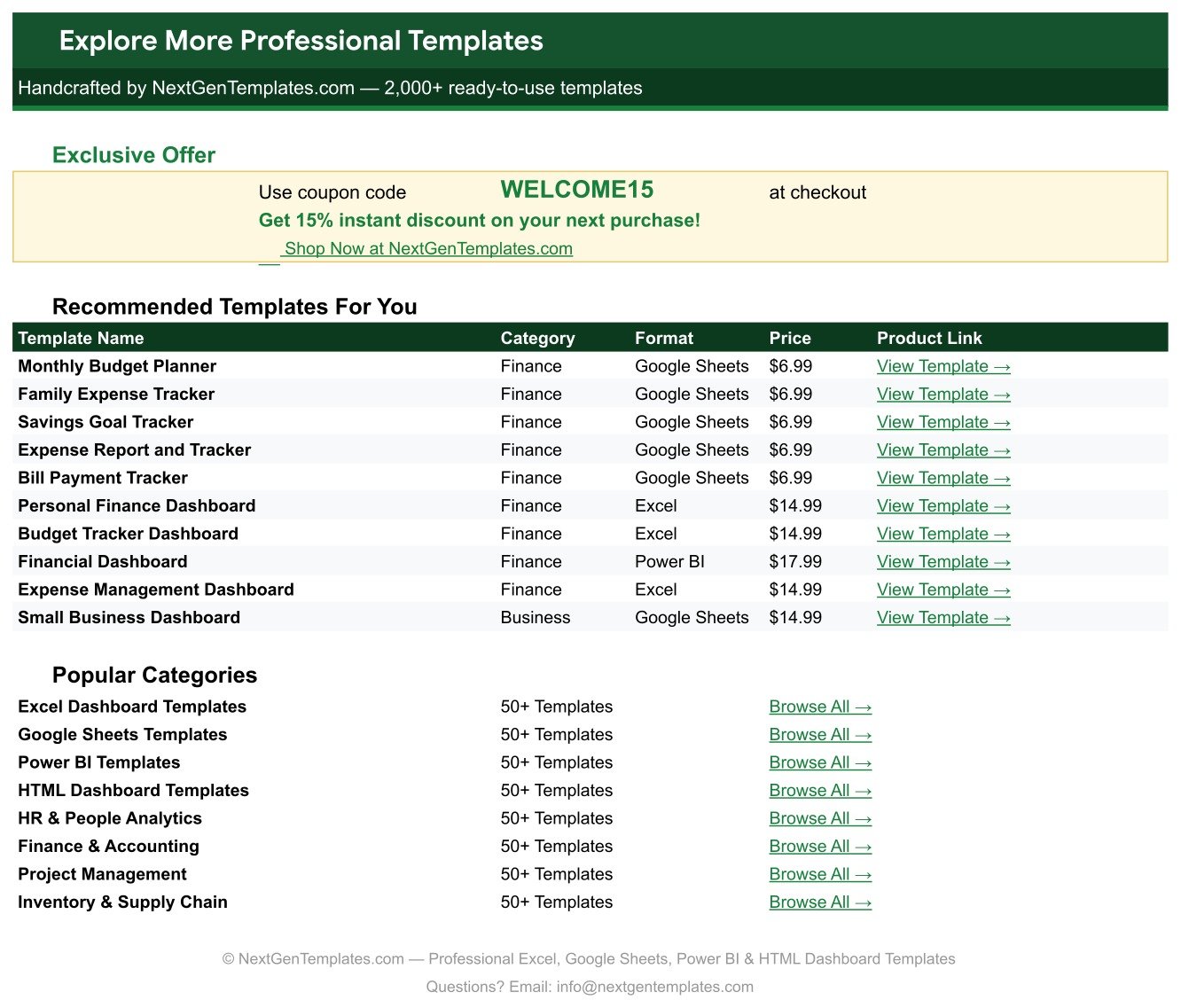 Explore more professional Google Sheets templates sheet