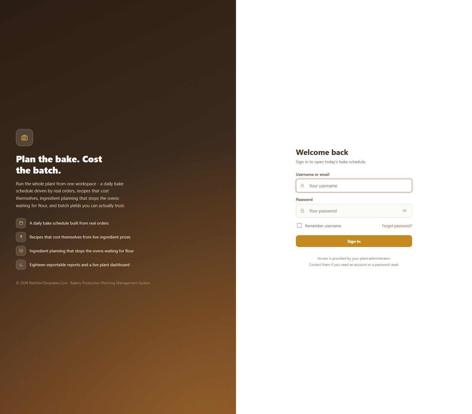 Sign-in screen of the Bakery Production Planning Management System Web App