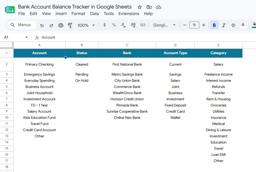 Bank Account Balance Tracker in Google Sheets - Setup Sheet