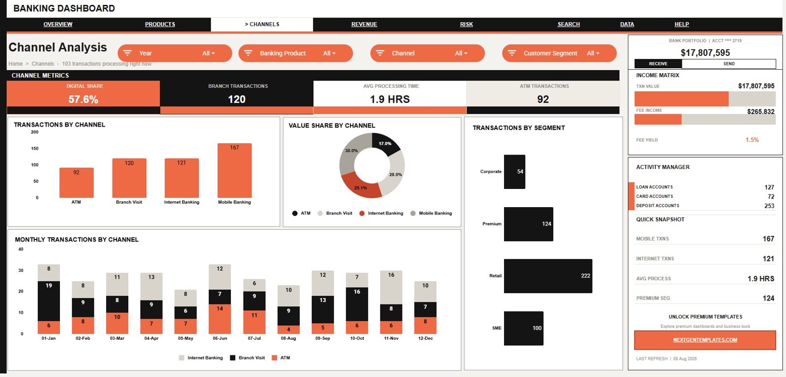 Channel Analysis page showing banking channel and customer segment reporting
