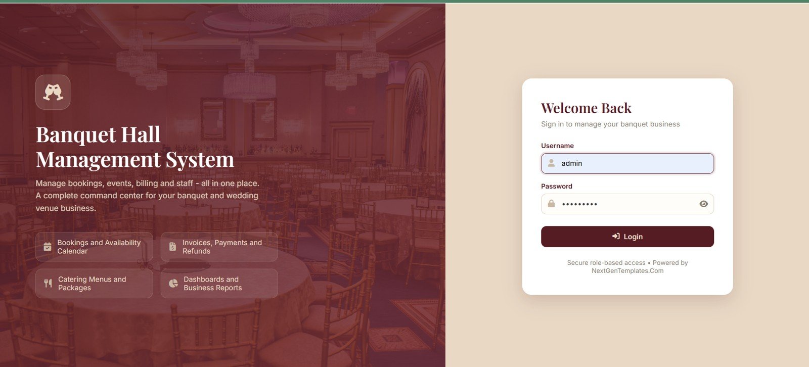 Banquet Hall Management System Web App login and welcome page