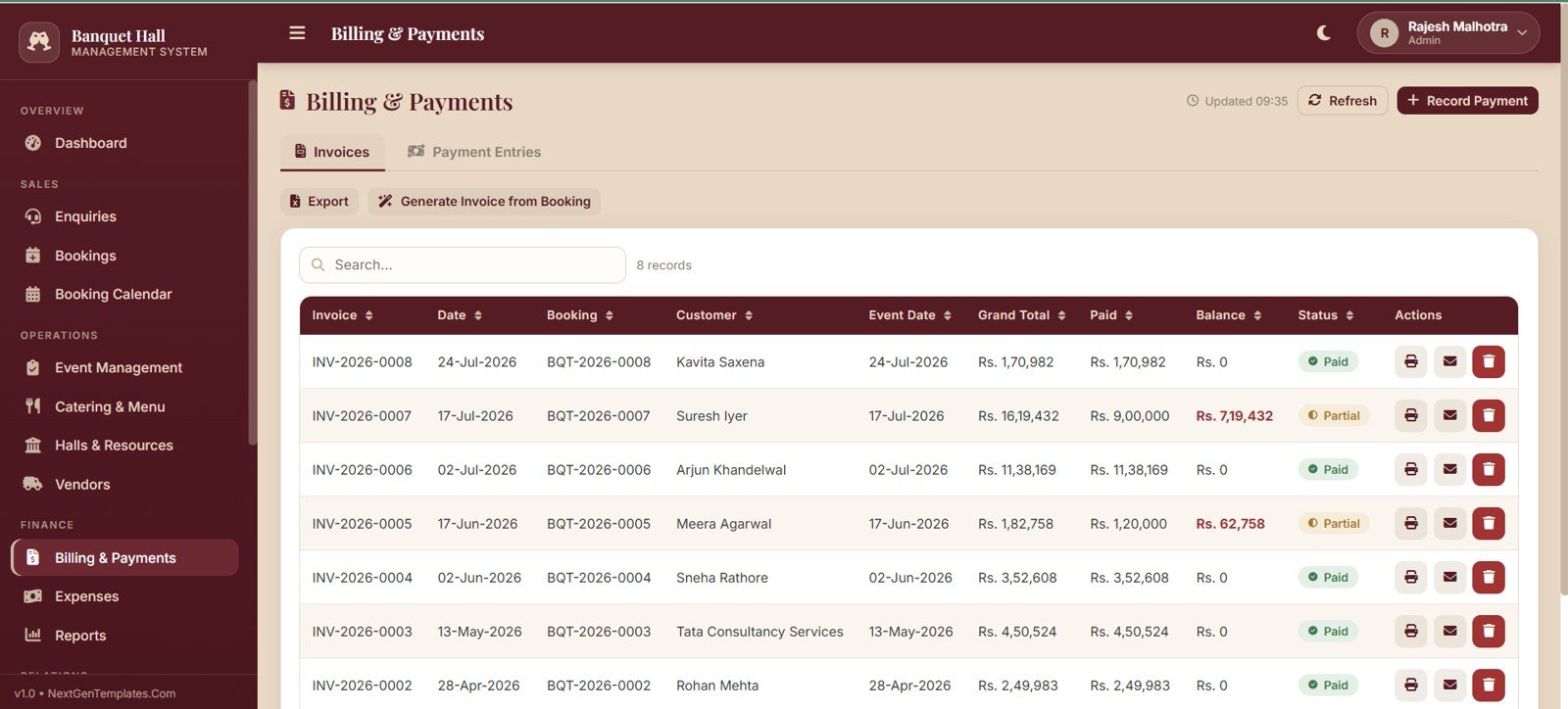 Banquet hall billing and payments page