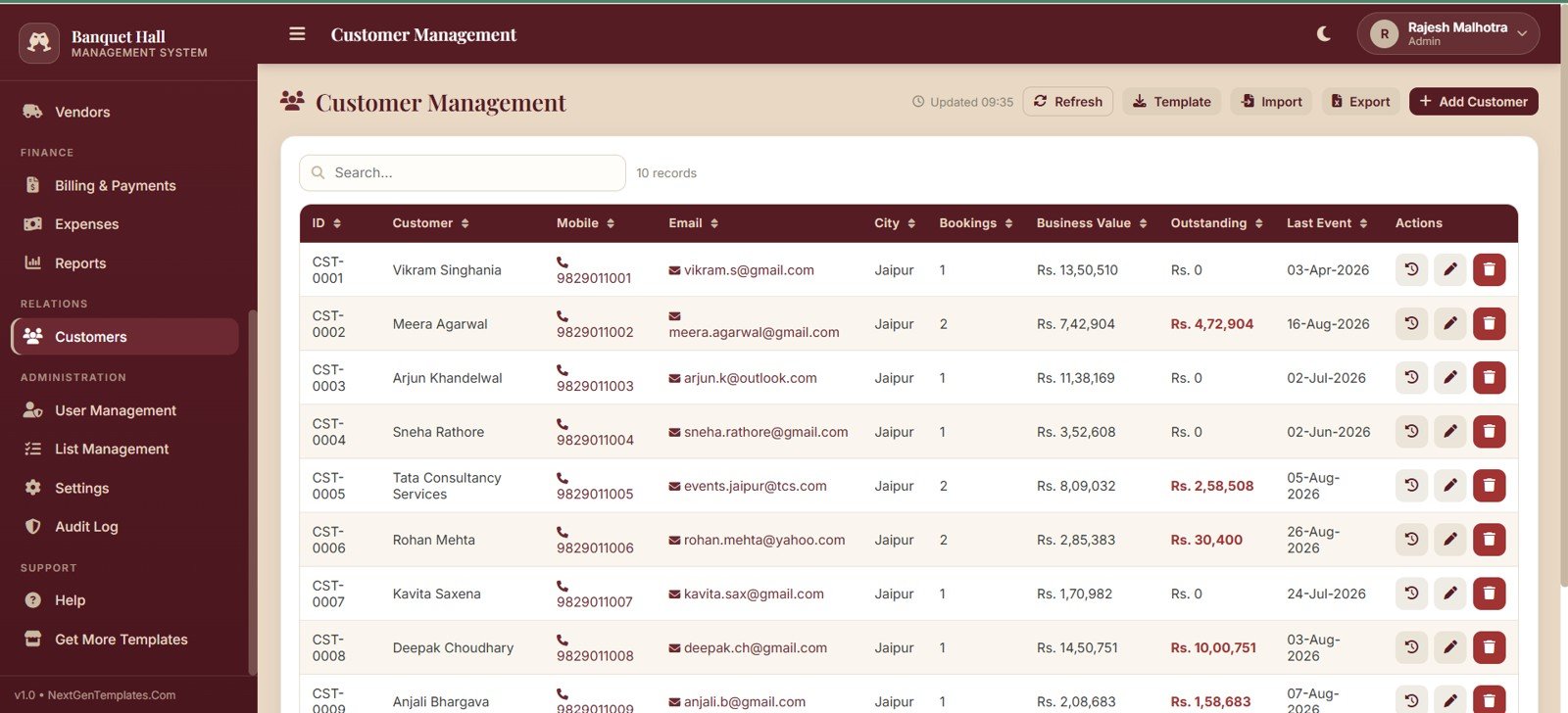 Banquet hall customer management page