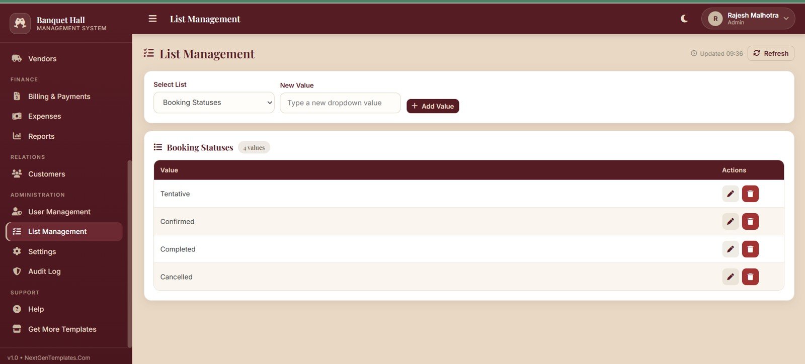 Banquet hall list management page