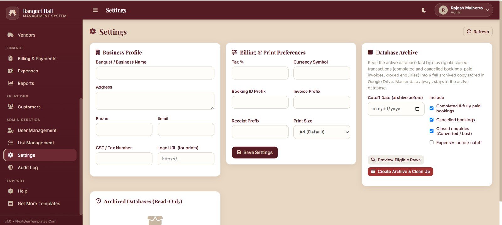 Banquet hall settings page