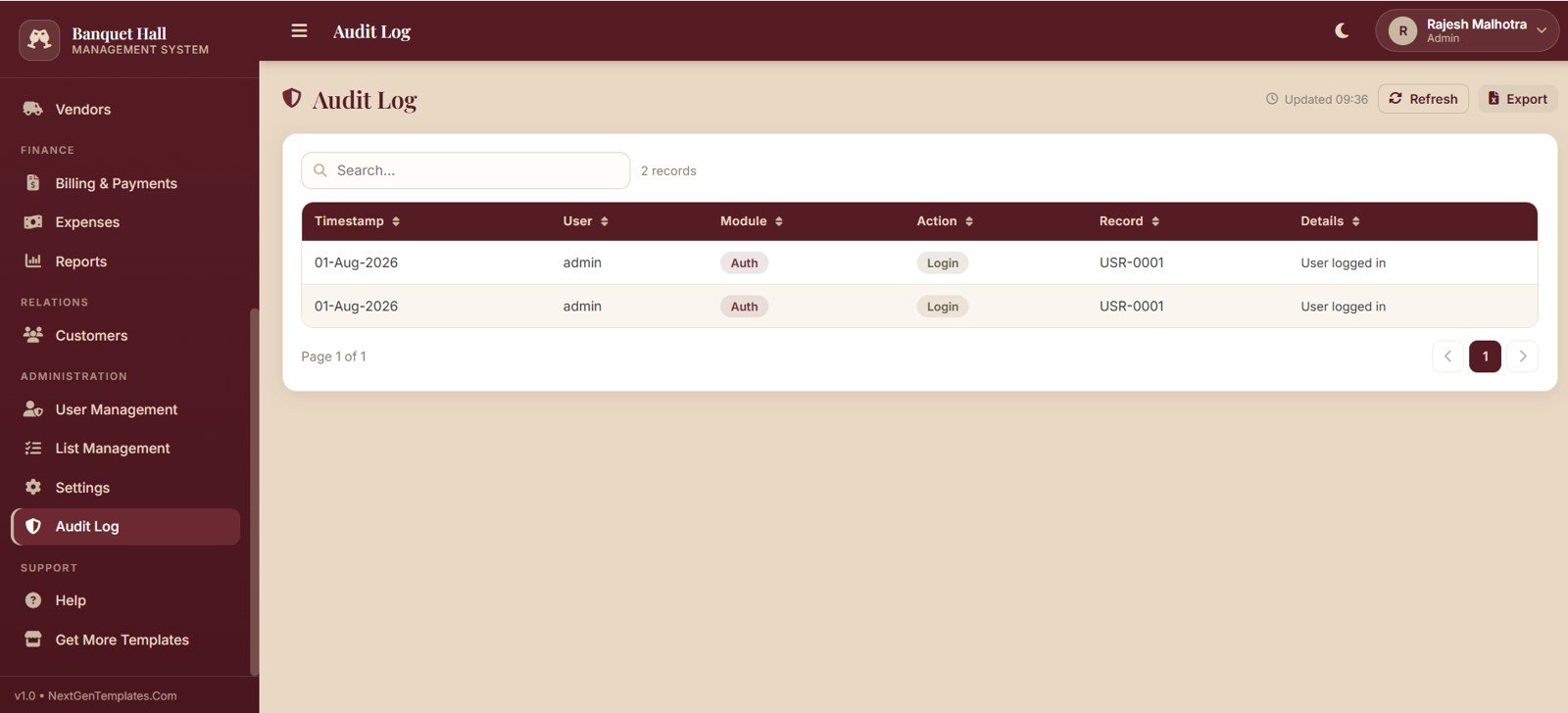 Banquet hall audit log page