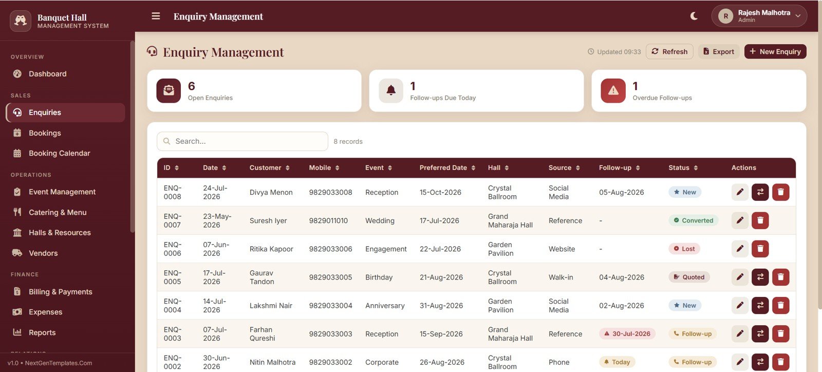 Banquet hall enquiry management dashboard