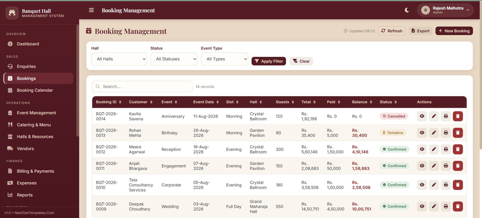 Banquet hall booking management dashboard