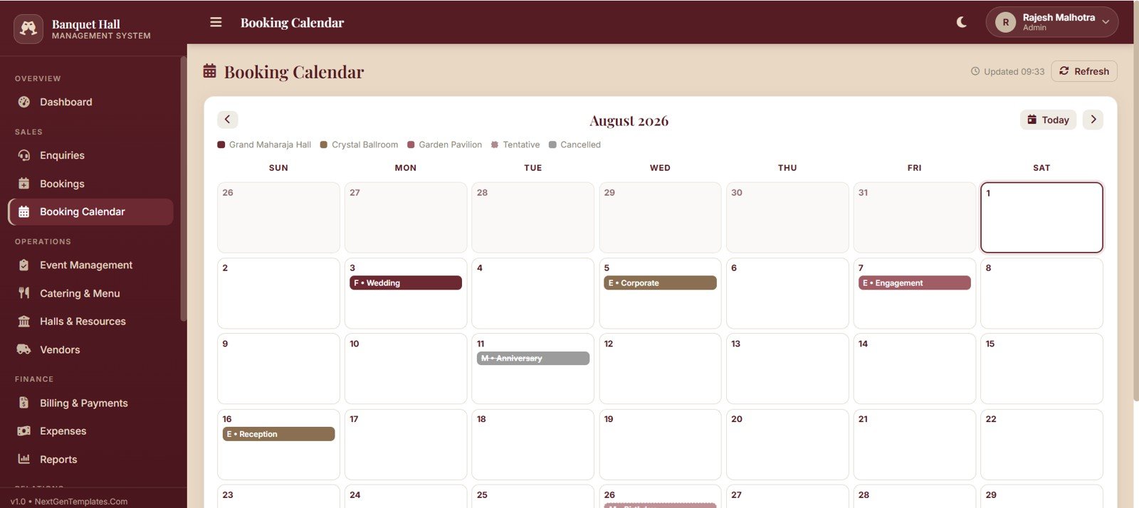 Banquet hall booking calendar and availability page