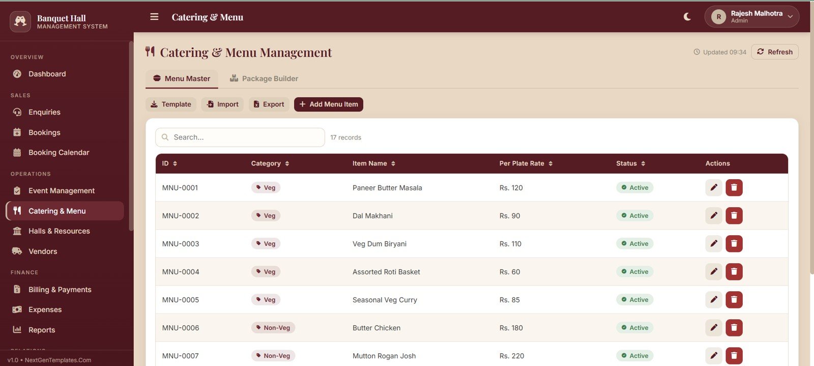 Banquet hall catering and menu management page