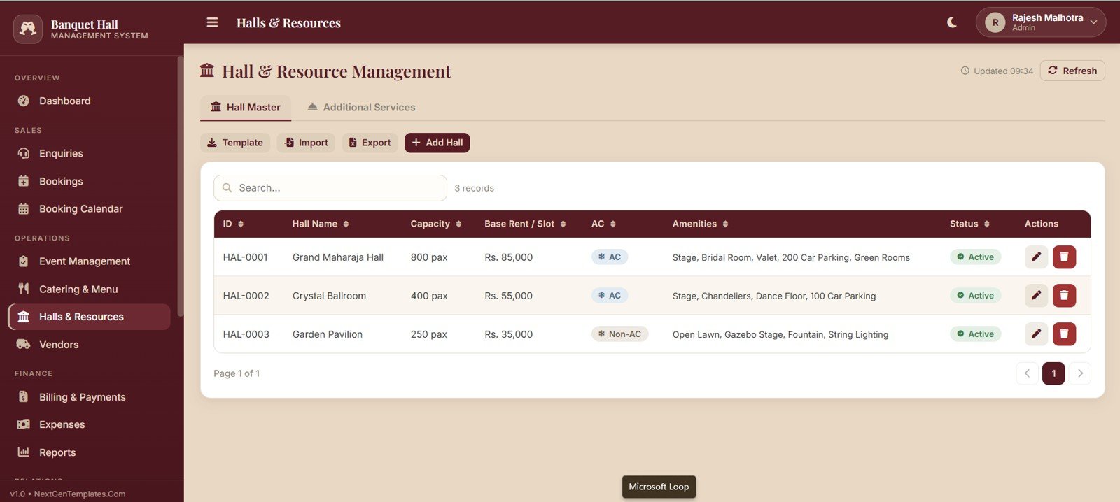 Banquet hall hall and resource management page