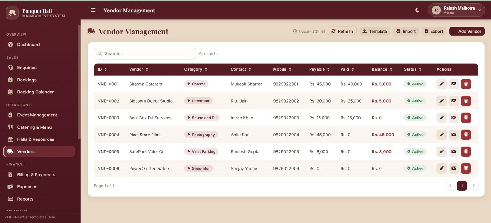 Banquet hall vendor management page
