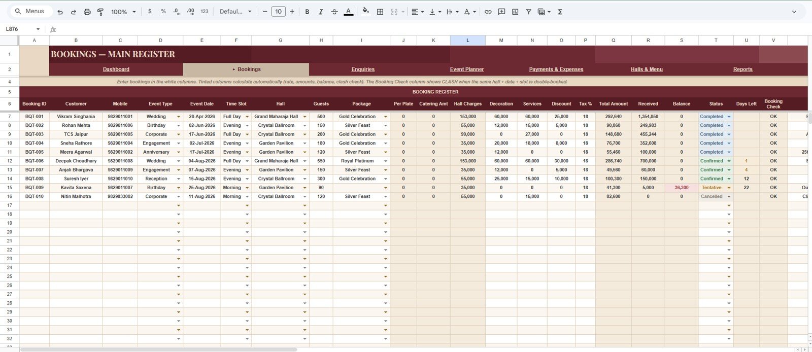 Bookings Main Register sheet in Banquet Hall Tracker in Google Sheets