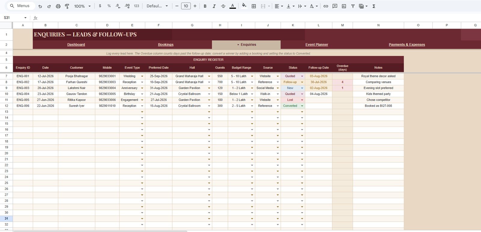 Enquiries Leads and Follow-ups sheet in Banquet Hall Tracker in Google Sheets