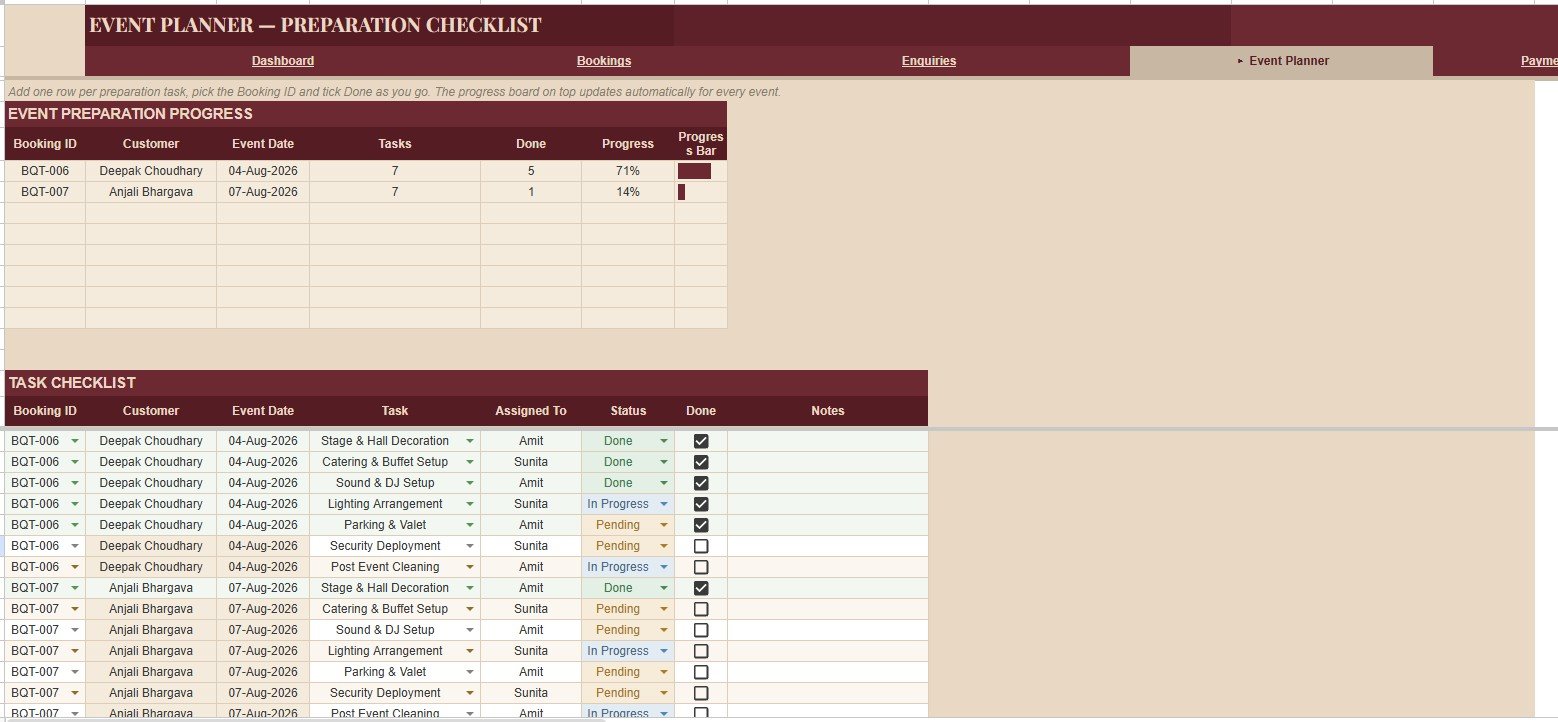 Event Planner Preparation Checklist sheet in Banquet Hall Tracker in Google Sheets