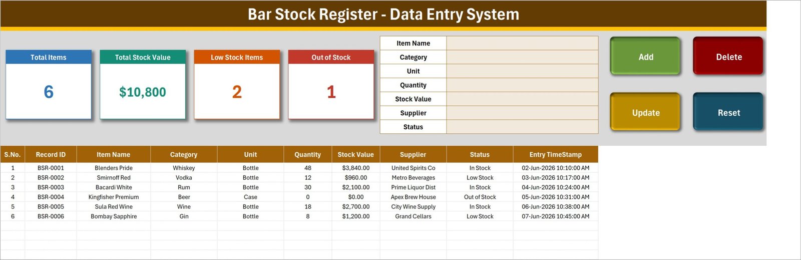 Bar Stock Register Data Entry System in Excel - Data Entry sheet with KPI cards, entry form and records table
