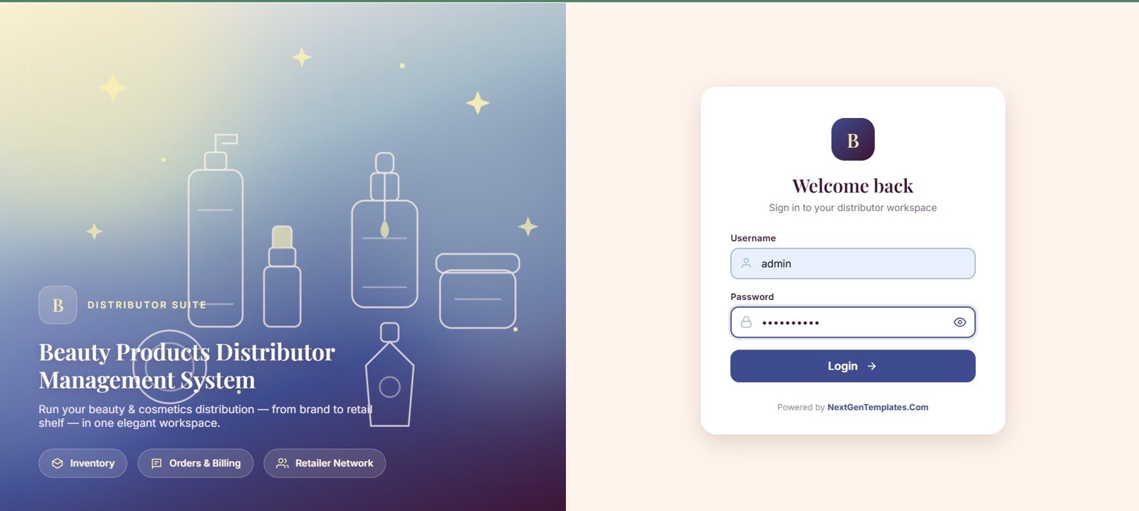 Beauty Products Distributor Management System Web App login dashboard preview