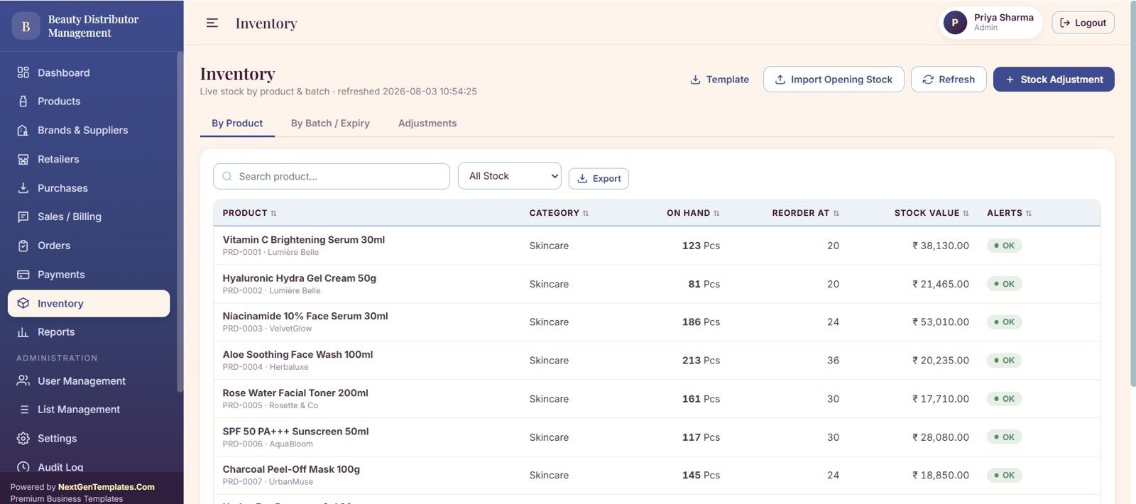 Inventory page with on hand stock value reorder levels expiry tracking and stock adjustments