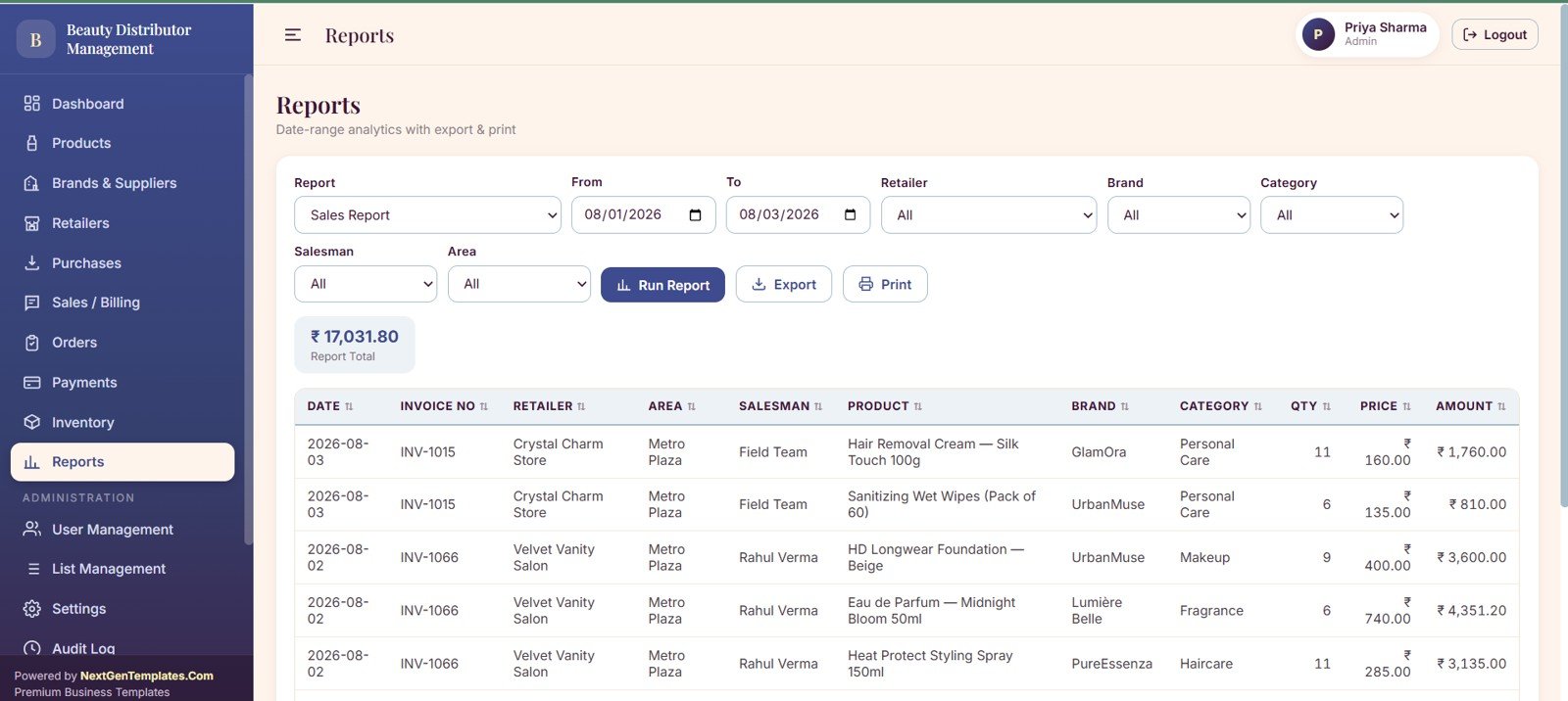 Reports page with sales date range retailer product brand category salesman and area analytics