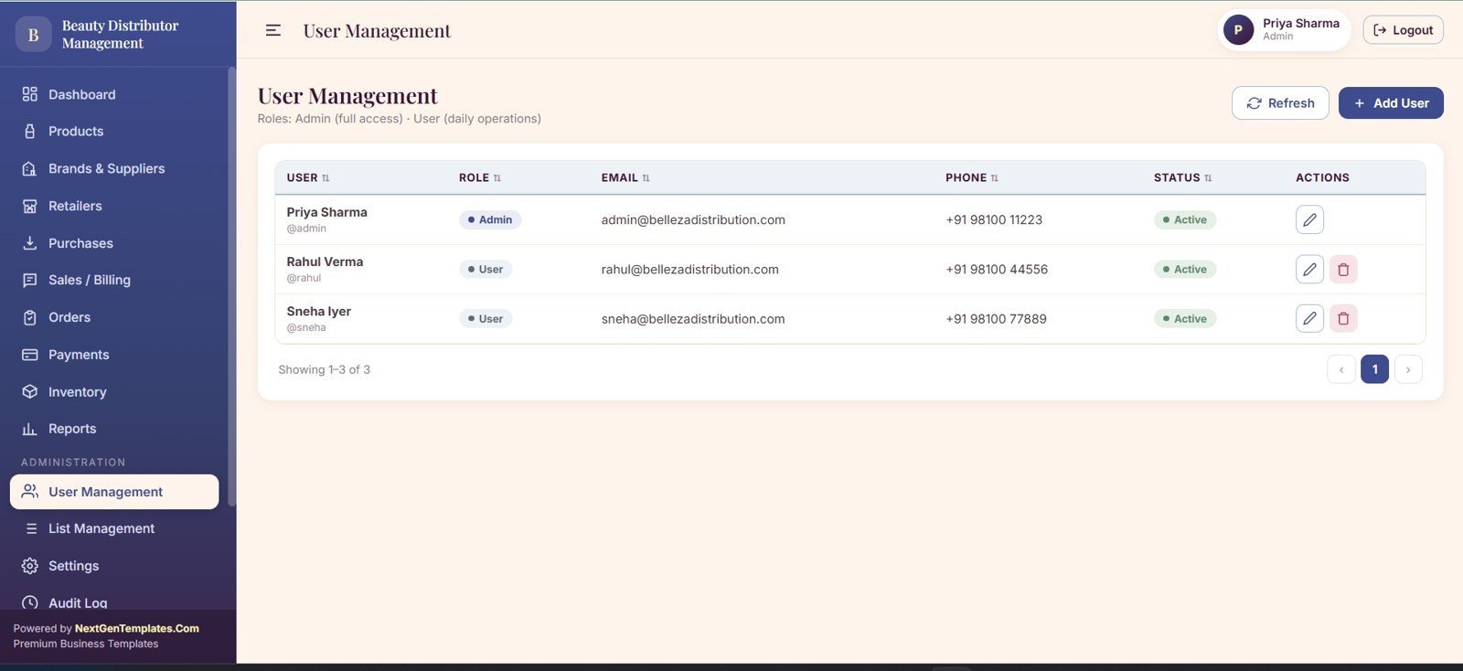 Beauty products distributor user management page