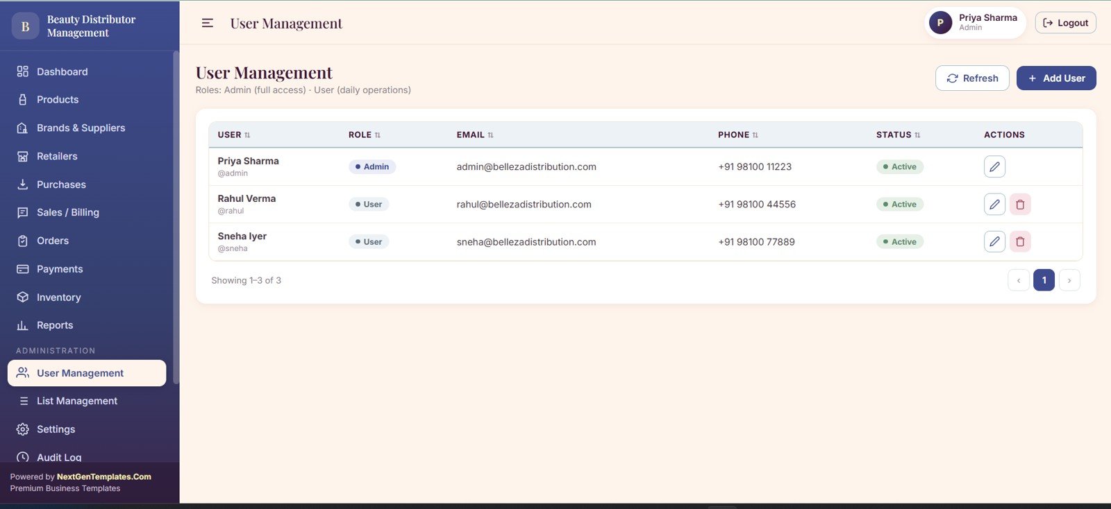 User management page with roles access status email phone and permissions