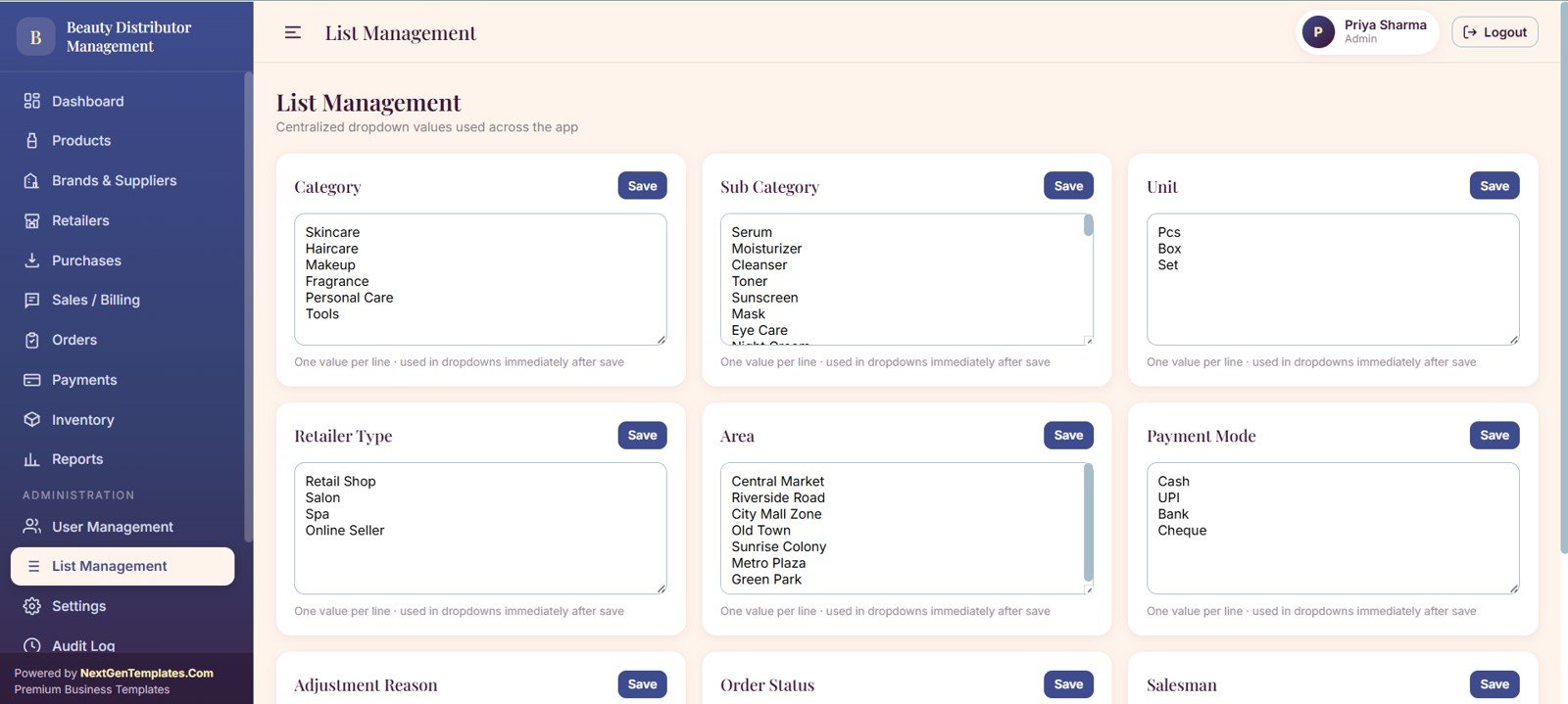 List management page with dropdown values categories units retailer types routes modes and salesman values
